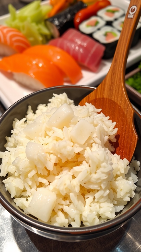 Perfect Sushi Rice Recipe for 2 Cups A bowl of sticky sushi rice with a wooden spatula, surrounded by fresh sushi ingredients.